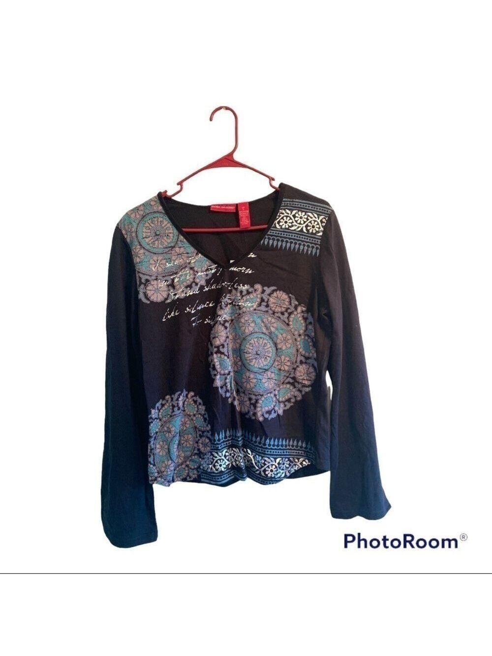 Gloria Vanderbilt Black Blouse, Womens Large, Silver & Blue Metallic Print NWT